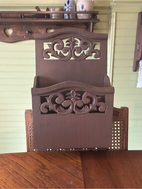 Vintage Carved Wood Mail Organizer – Rustic Brown